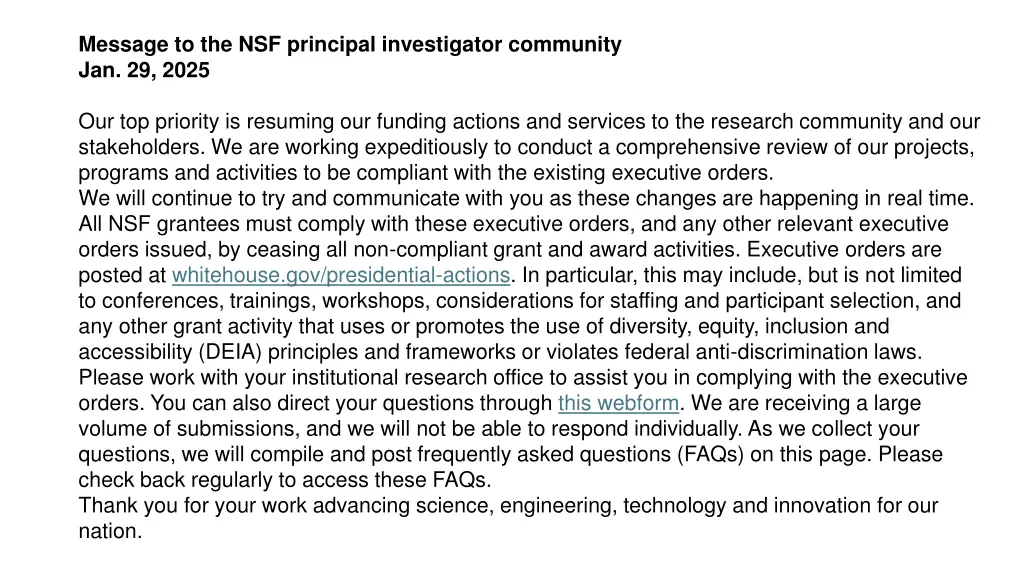 message to the nsf principal investigator
