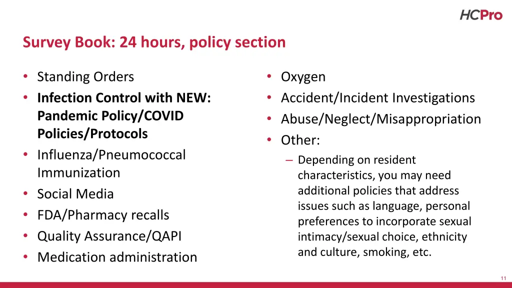 survey book 24 hours policy section