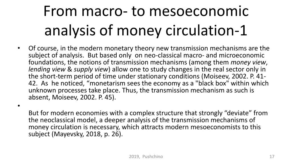 from macro to mesoeconomic analysis of money