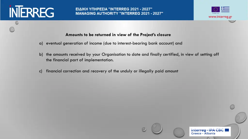 amounts to be returned in view of the project