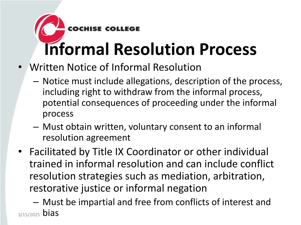 informal resolution process written notice