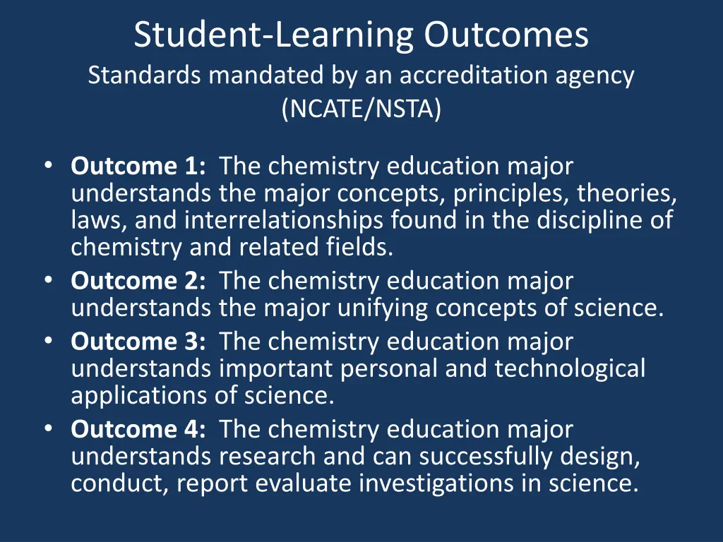student learning outcomes standards mandated