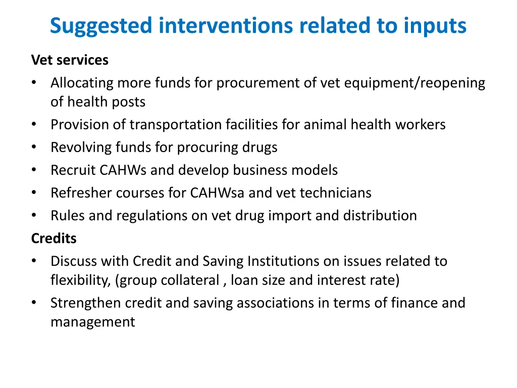 suggested interventions related to inputs