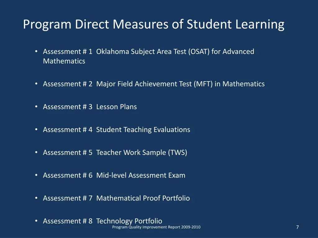 program direct measures of student learning