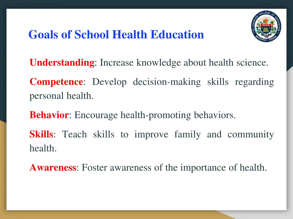 goals of school health education