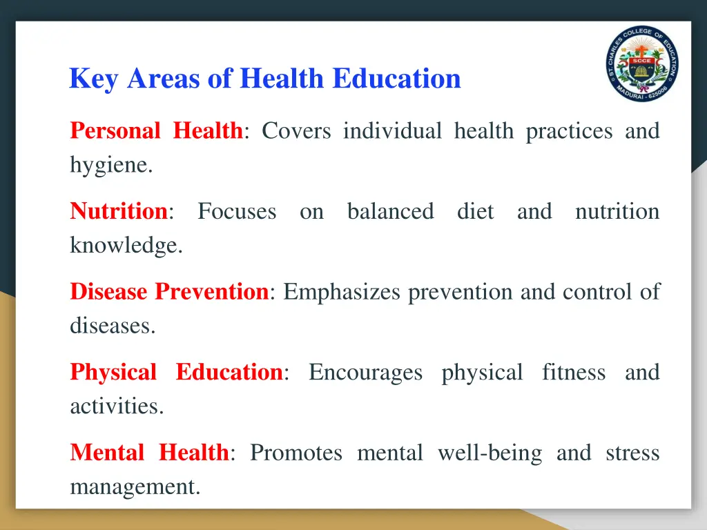 key areas of health education