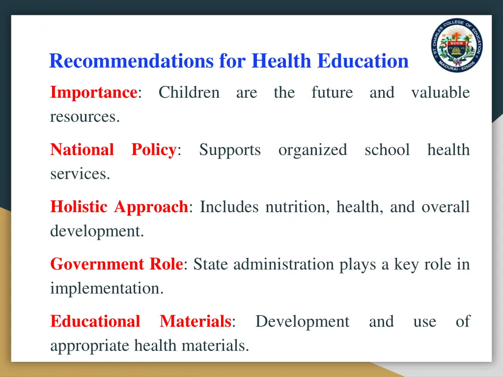 recommendations for health education