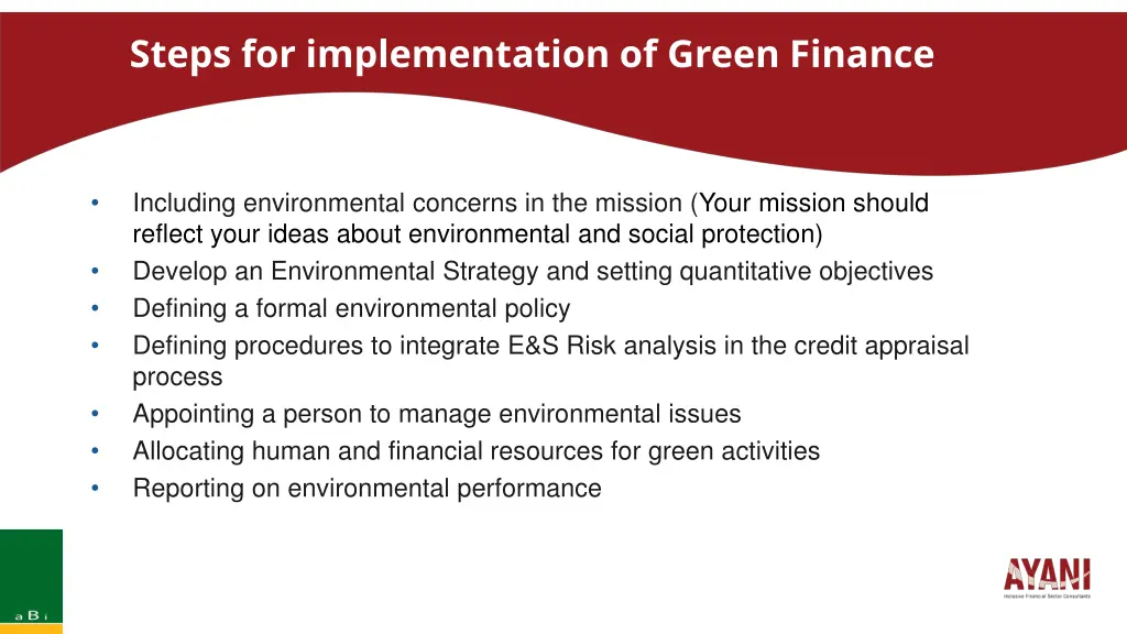 steps for implementation of green finance