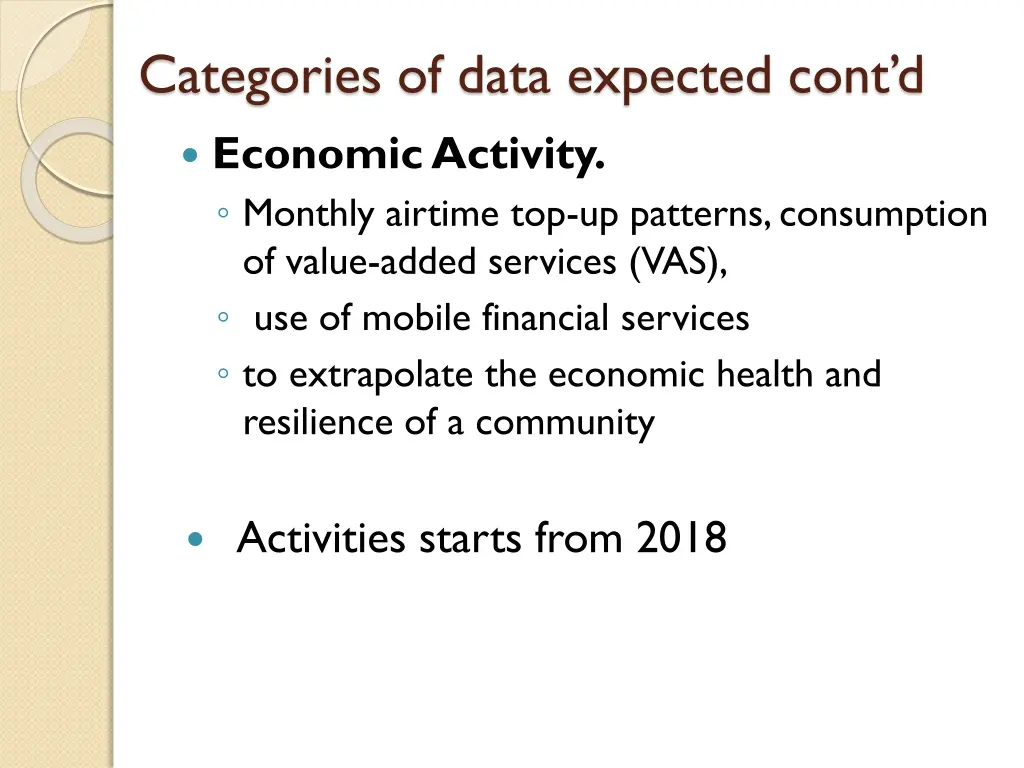 categories of data expected cont d