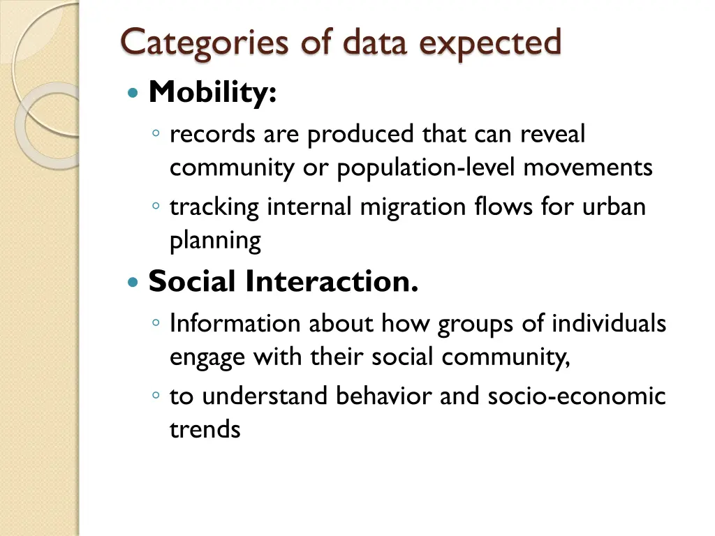 categories of data expected mobility records