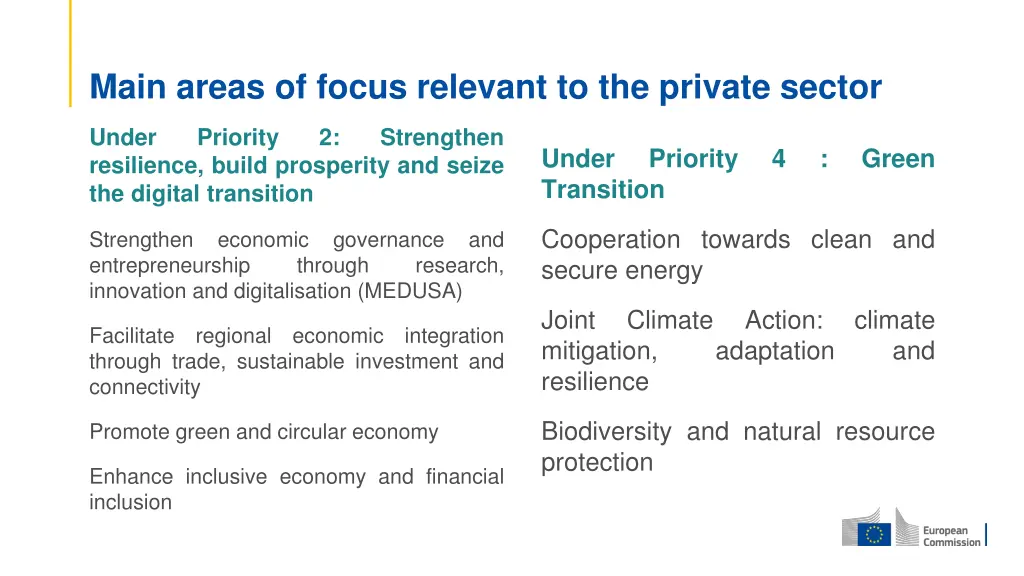 main areas of focus relevant to the private sector