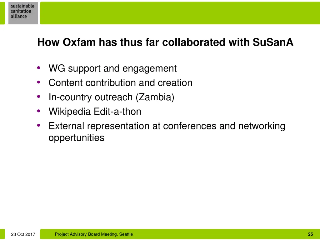 how oxfam has thus far collaborated with susana