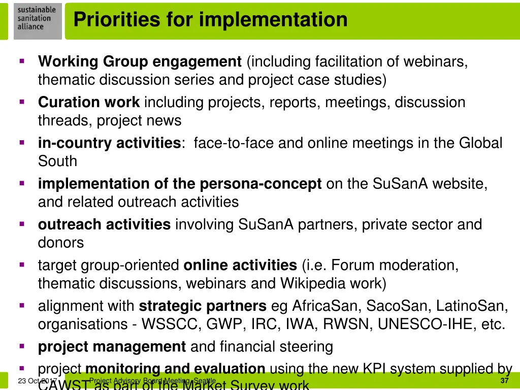 priorities for implementation