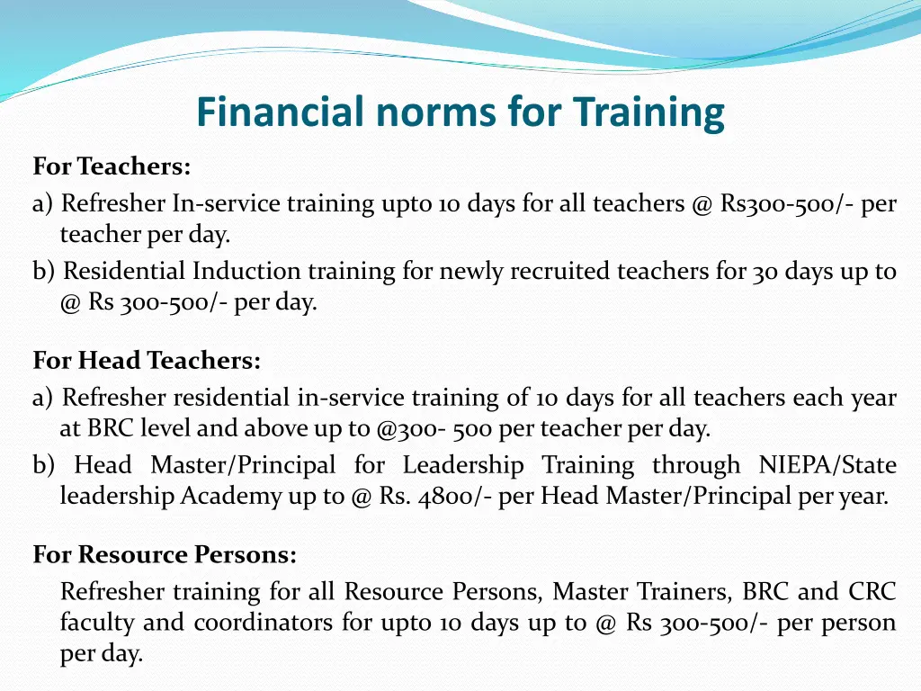 financial norms for training