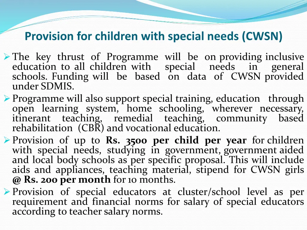 provision for children with special needs cwsn