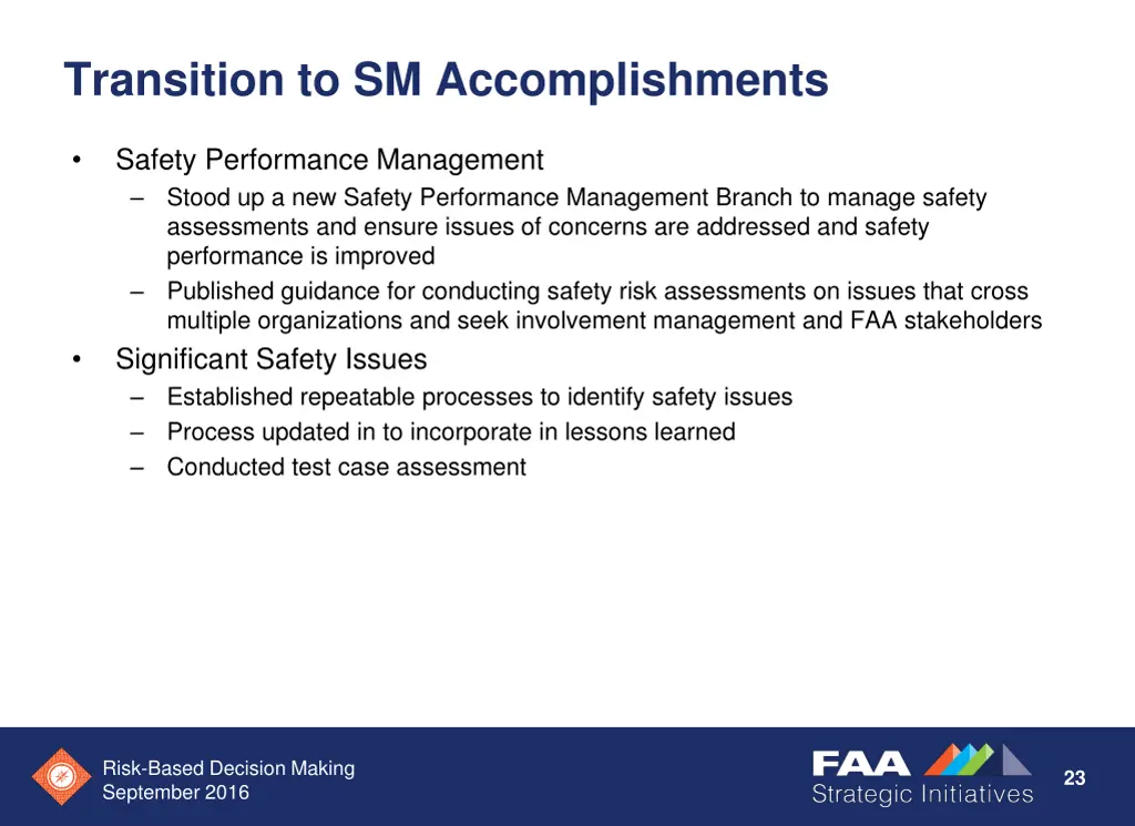 transition to sm accomplishments