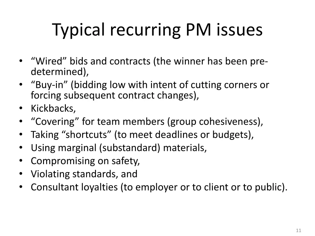 typical recurring pm issues
