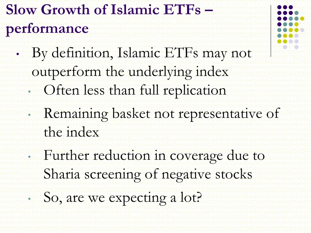 slow growth of islamic etfs performance