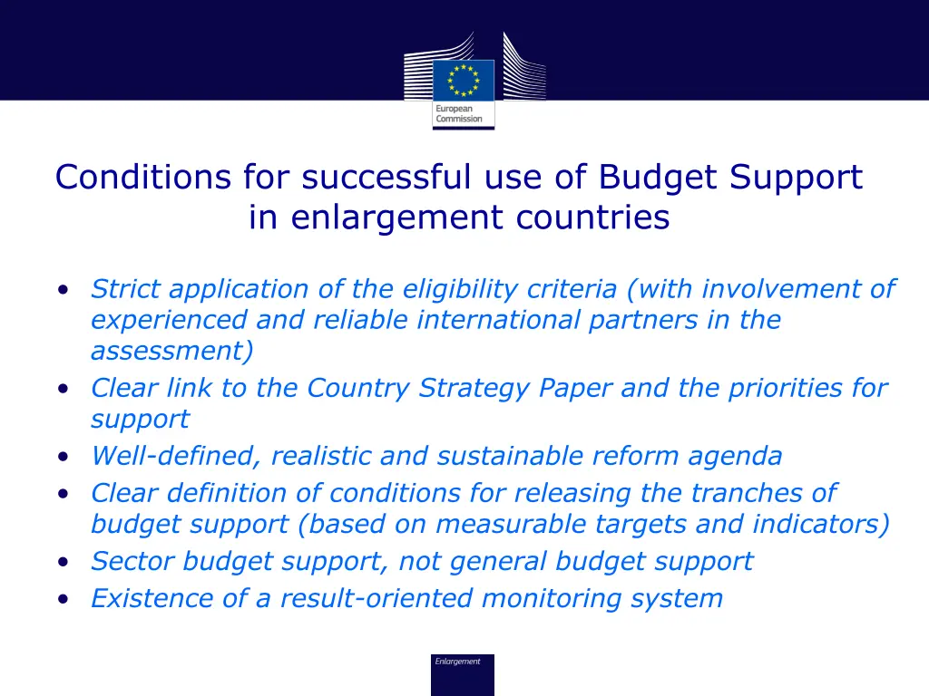 conditions for successful use of budget support