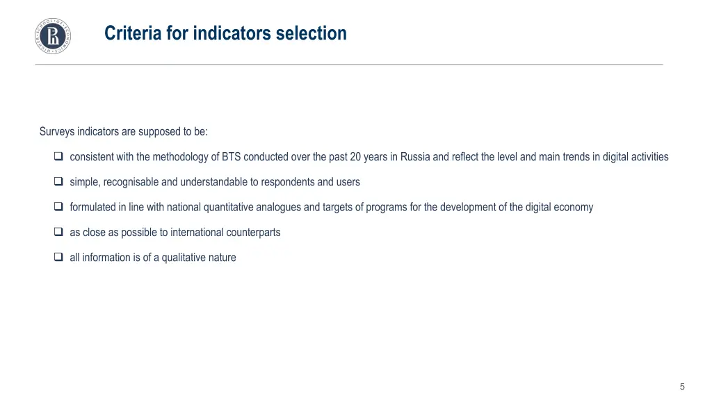 criteria for indicators selection