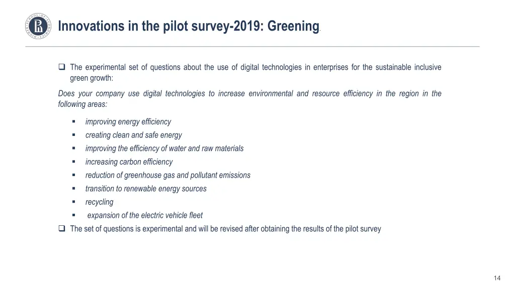 innovations in the pilot survey 2019 greening