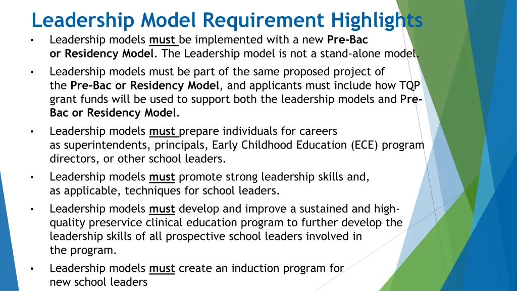 leadership model requirement highlights