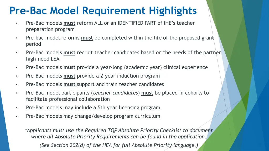 pre bac model requirement highlights