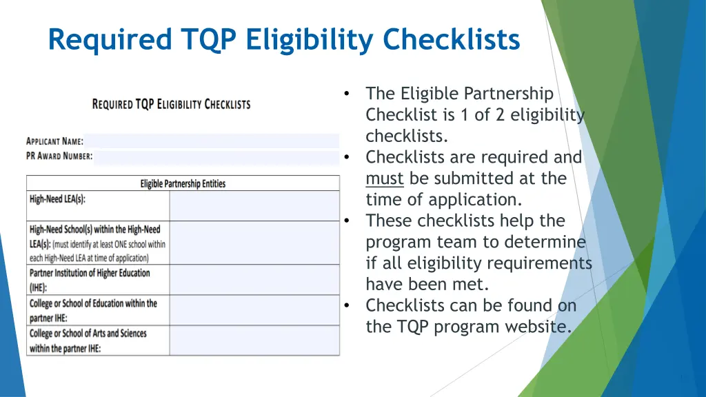 required tqp eligibility checklists