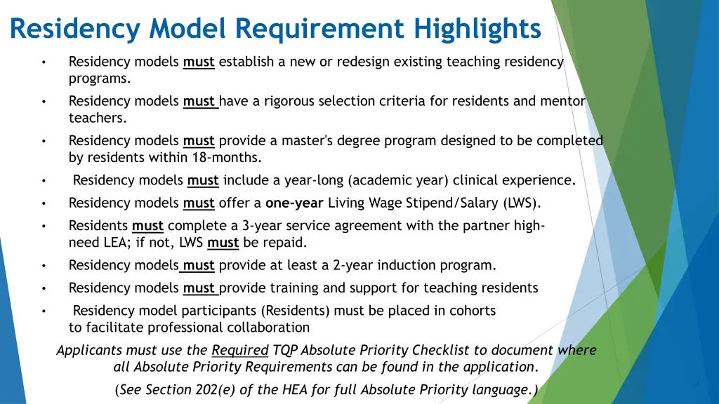 residency model requirement highlights