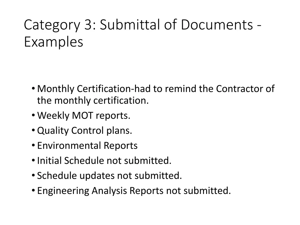 category 3 submittal of documents examples