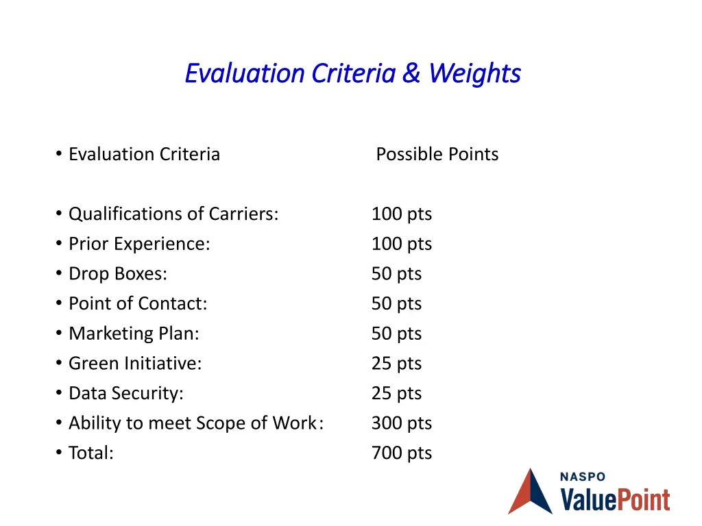 evaluation criteria weights evaluation criteria