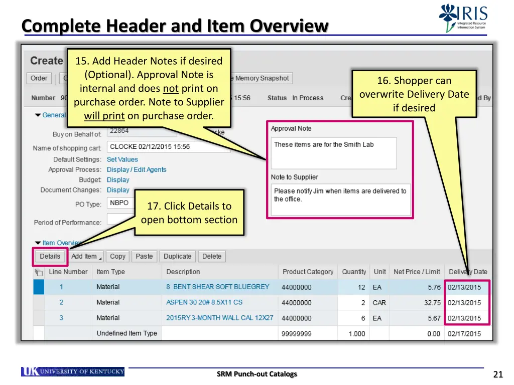 complete header and item overview