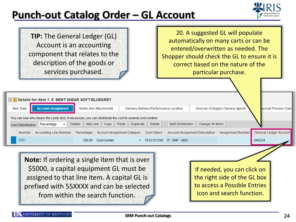 punch out catalog order gl account