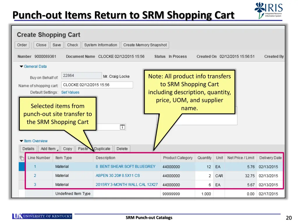 punch out items return to srm shopping cart