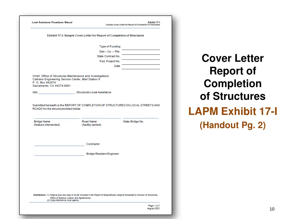 cover letter report of completion of structures