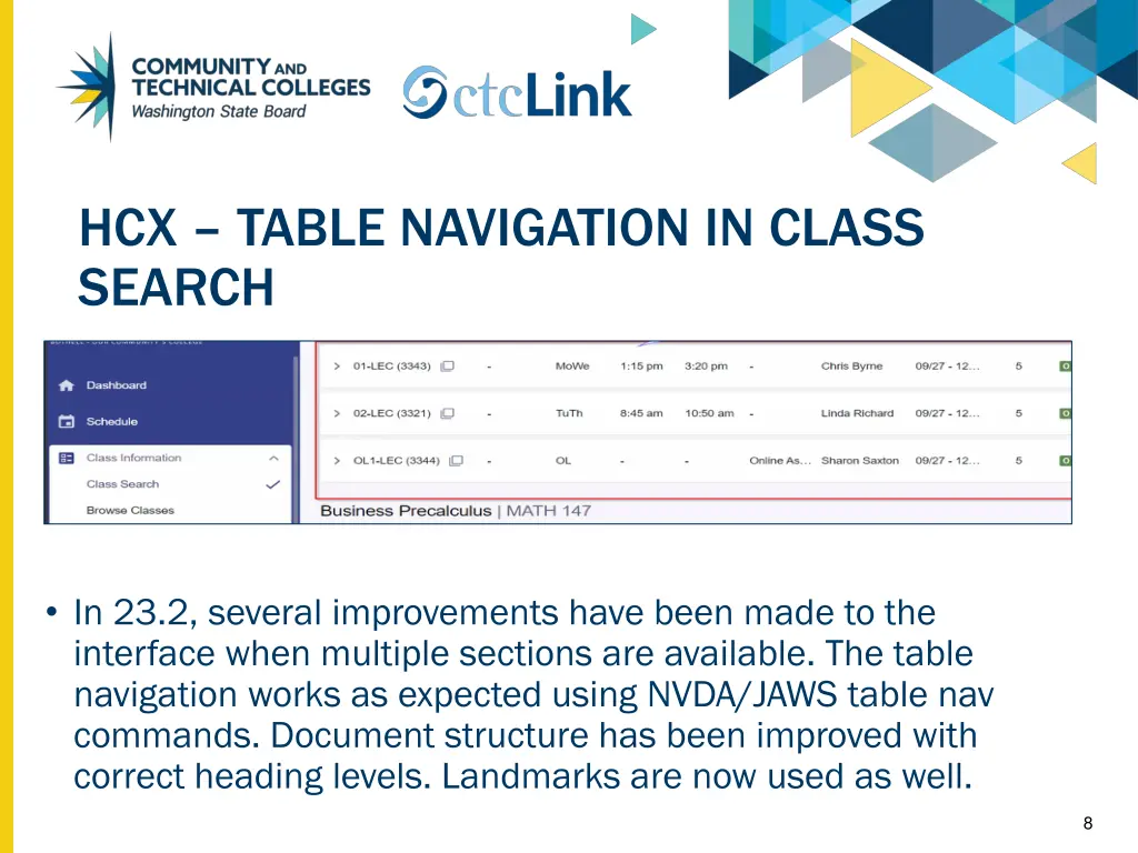 hcx table navigation in class search