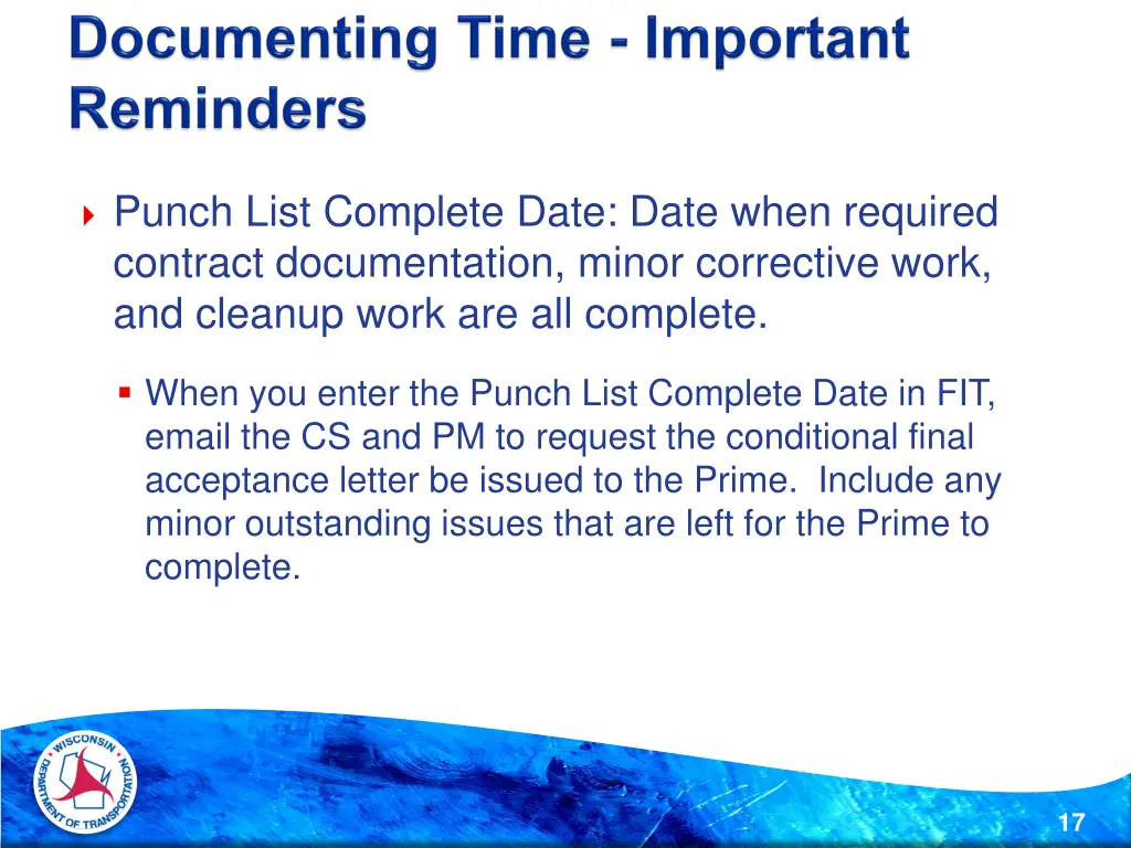 punch list complete date date when required