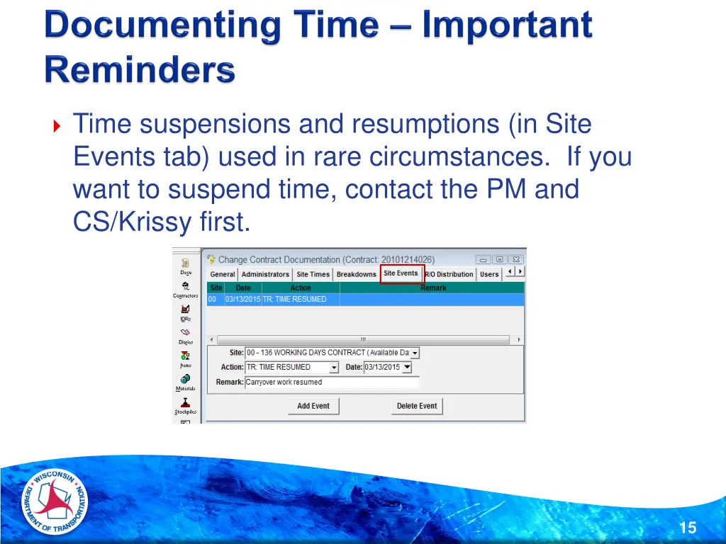 time suspensions and resumptions in site events
