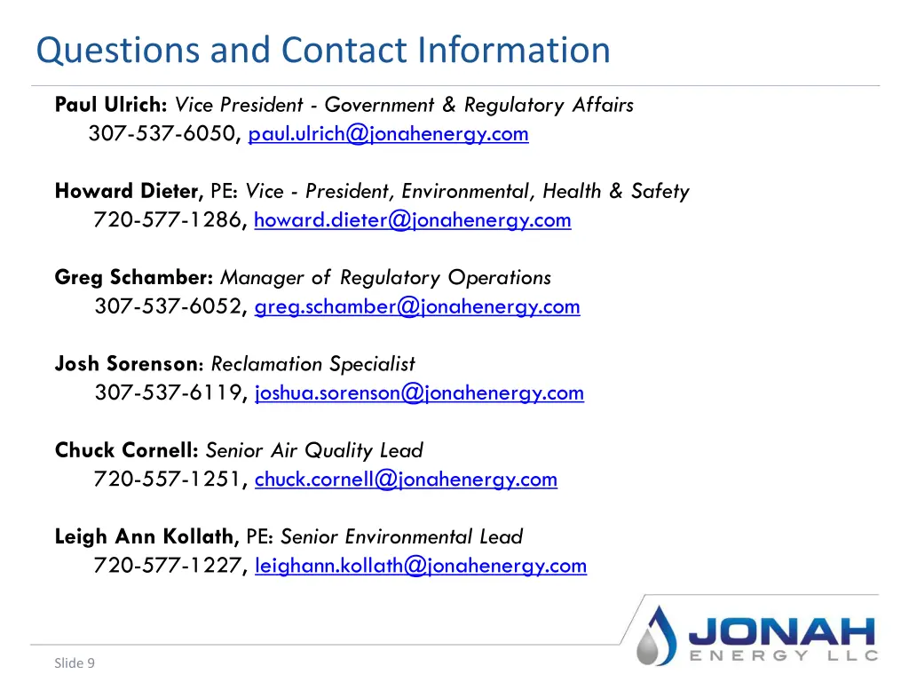 questions and contact information