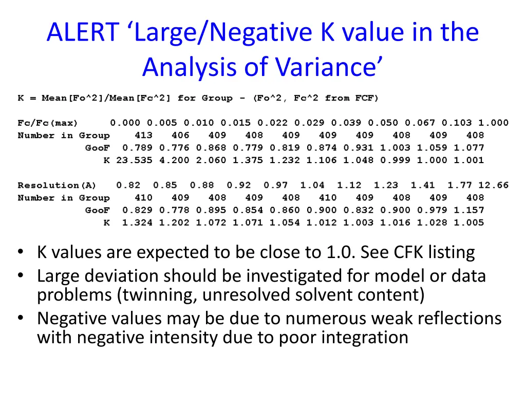 alert large negative k value in the analysis