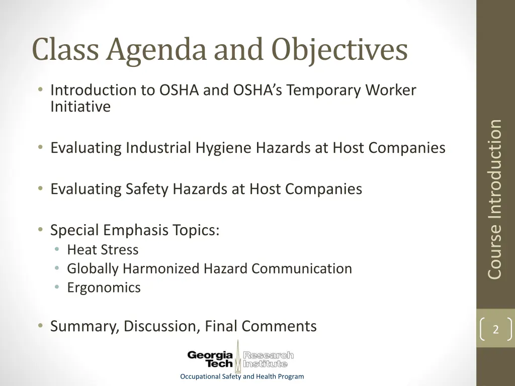class agenda and objectives