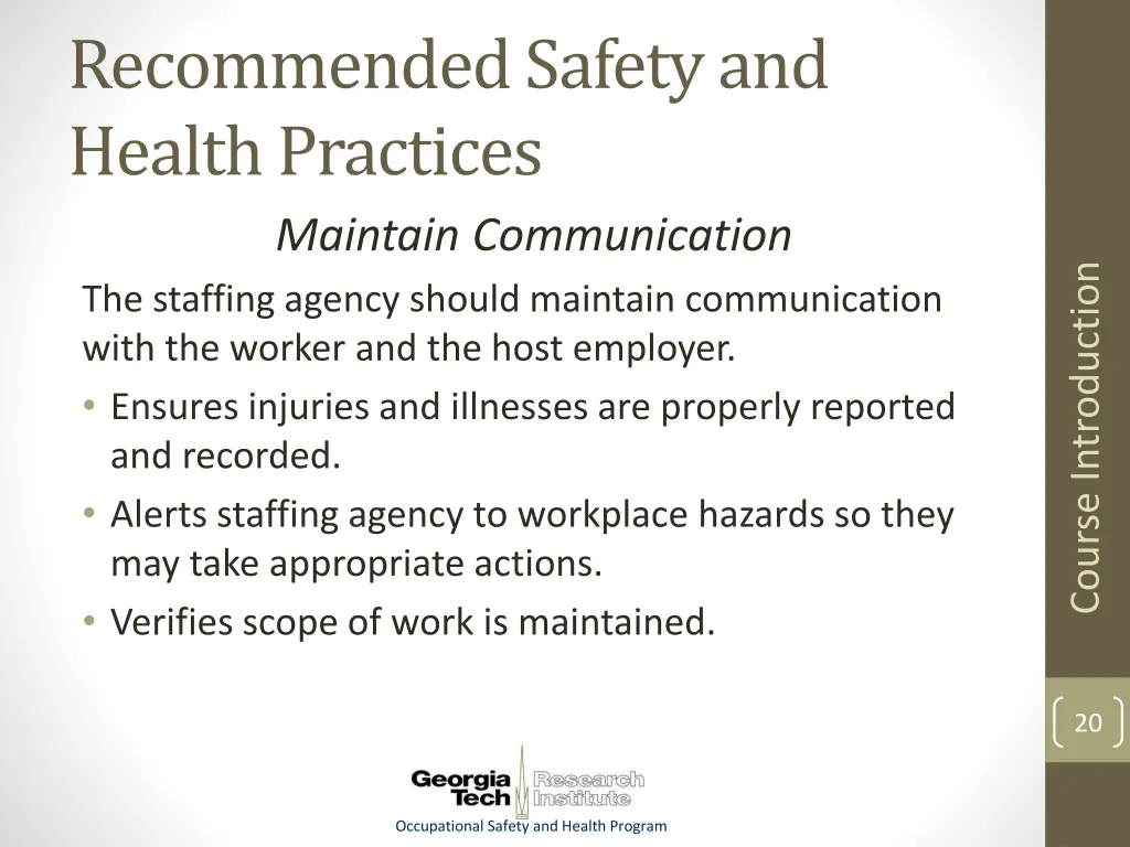 recommended safety and health practices maintain