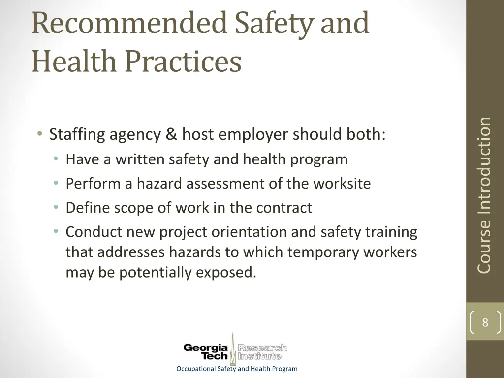 recommended safety and health practices