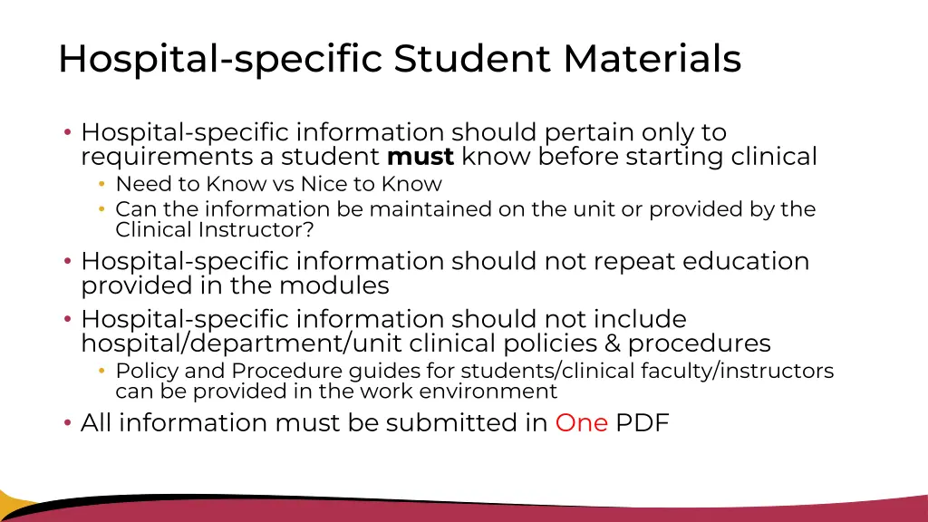hospital specific student materials