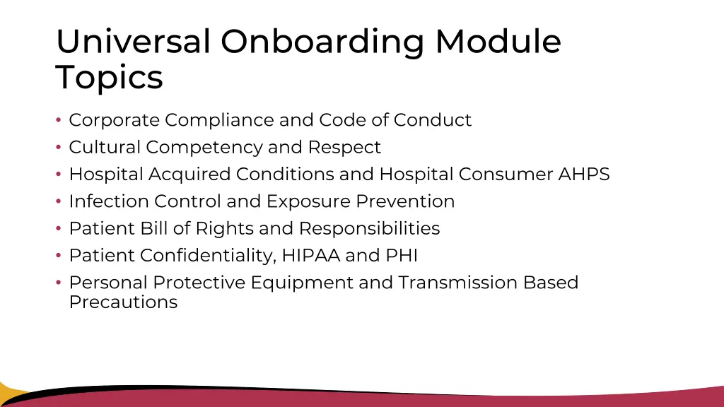 universal onboarding module topics