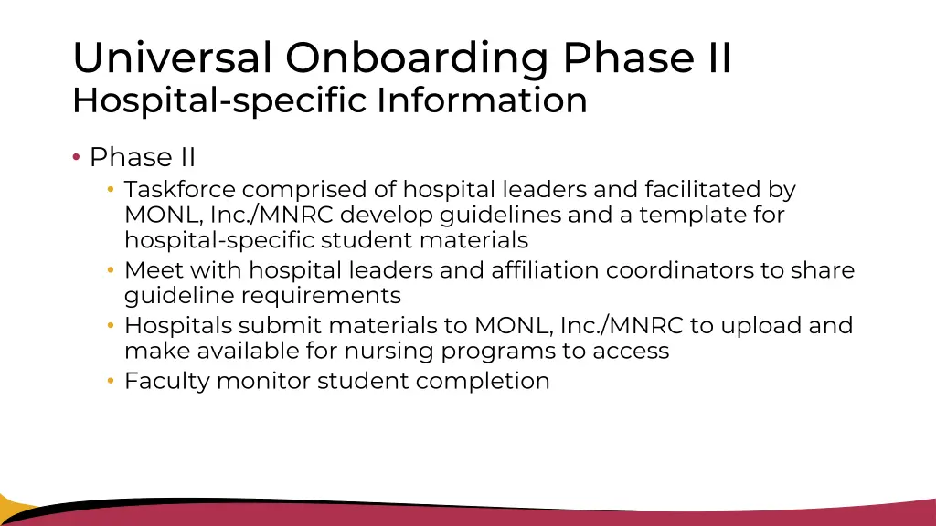 universal onboarding phase ii hospital specific