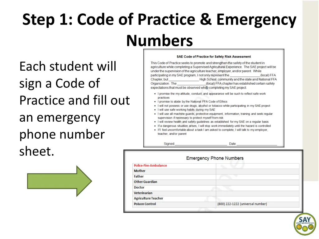 step 1 code of practice emergency numbers