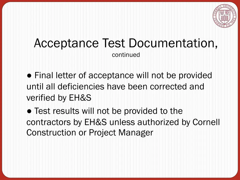 acceptance test documentation continued
