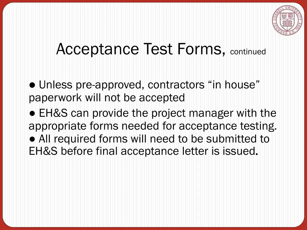 acceptance test forms continued