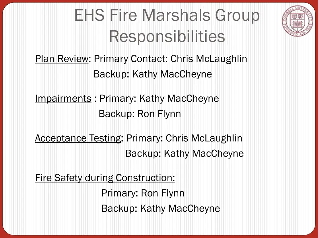 ehs fire marshals group responsibilities